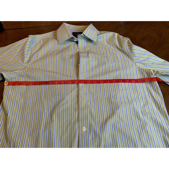BLACK BROWN 1826 FLIP CUFF COTTON SHIRT AVOCADO GREEN BLUE STRIPE SIZE L - Picture 10 of 10